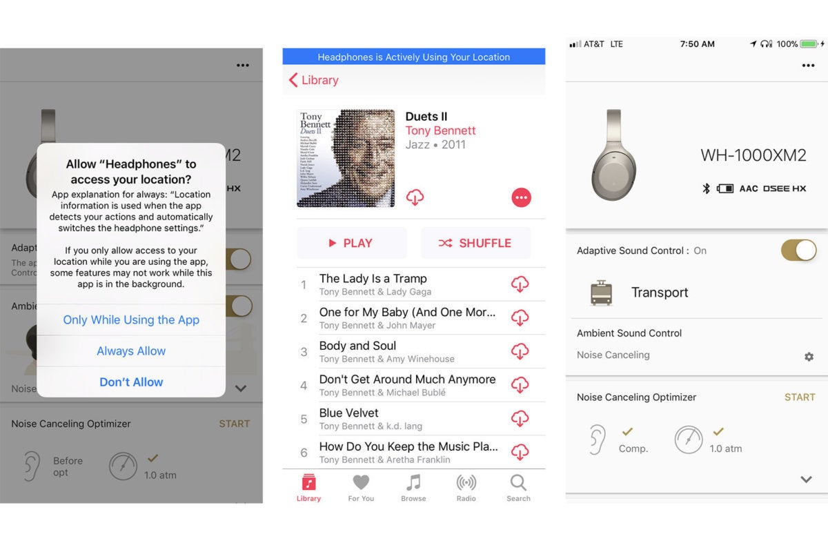 Sony’s 1000XM2 headphones pair with an app that uses your smart device’s GPS functions to fine-tune
