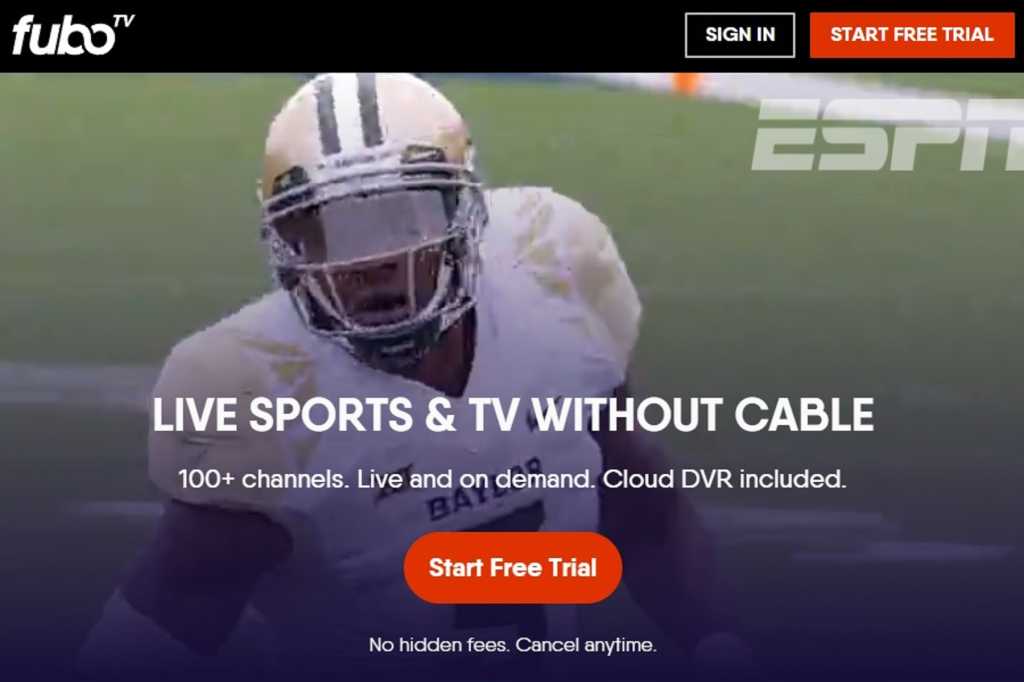 FuboTV landing page, advertising "No hidden fees."