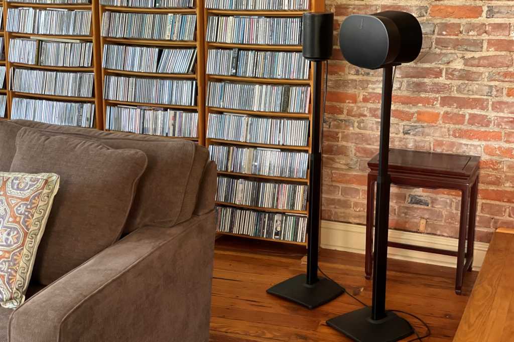 Sanus stands for Sonos Era next to CD rack