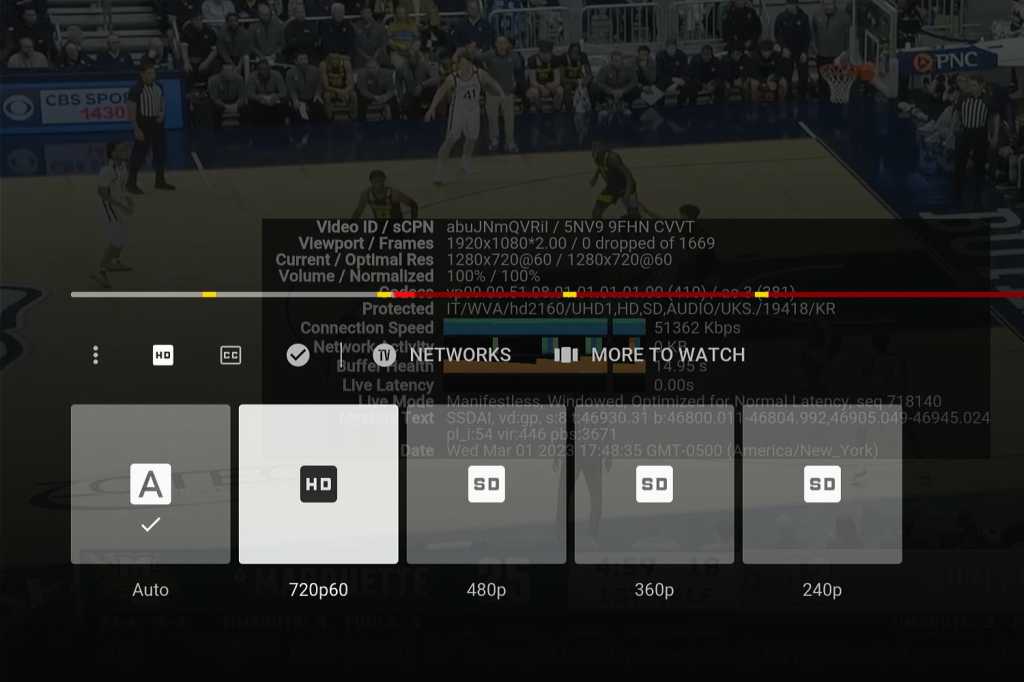 YouTube TV video quality settings with live basketball in the background